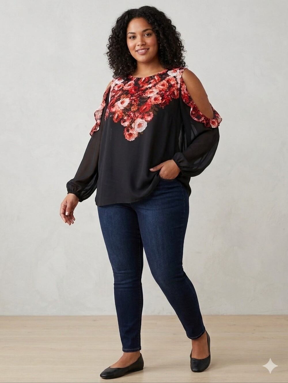 JM Collection Women's NWT Black Floral Sheer Cold Shoulder LS Ruffle Blouse XL